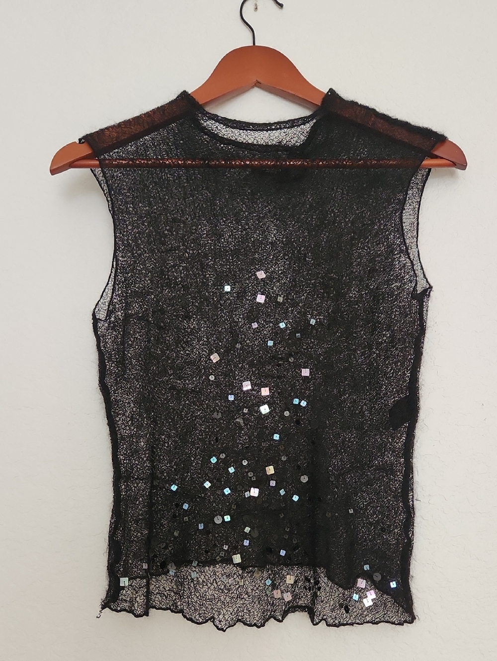 Tahari  Unique Mohair Black Sheer Sleeveless Top with Iridescent Sequins